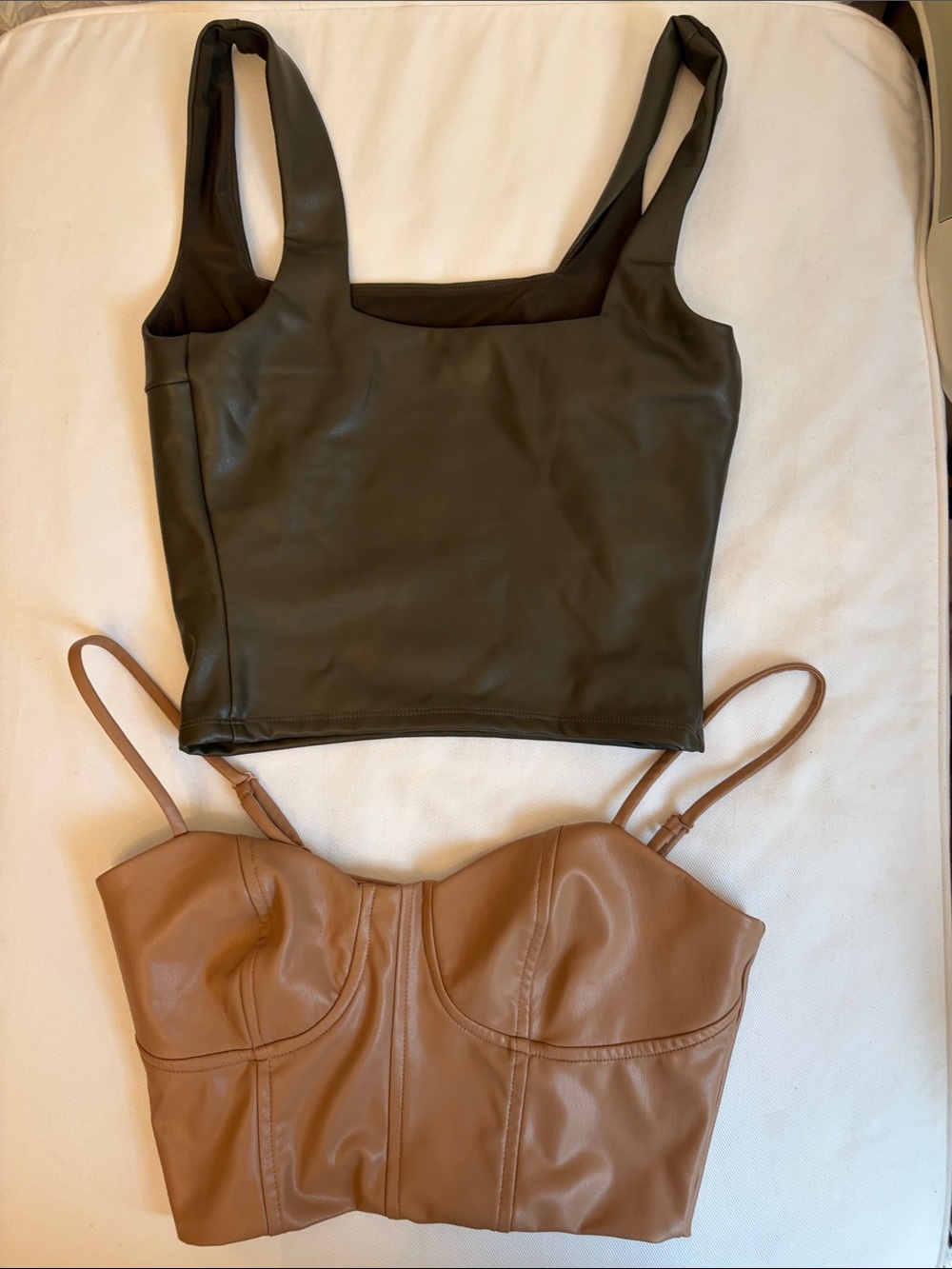 Set of two Faux leather stretch camo tops by Express in Camel and Brown